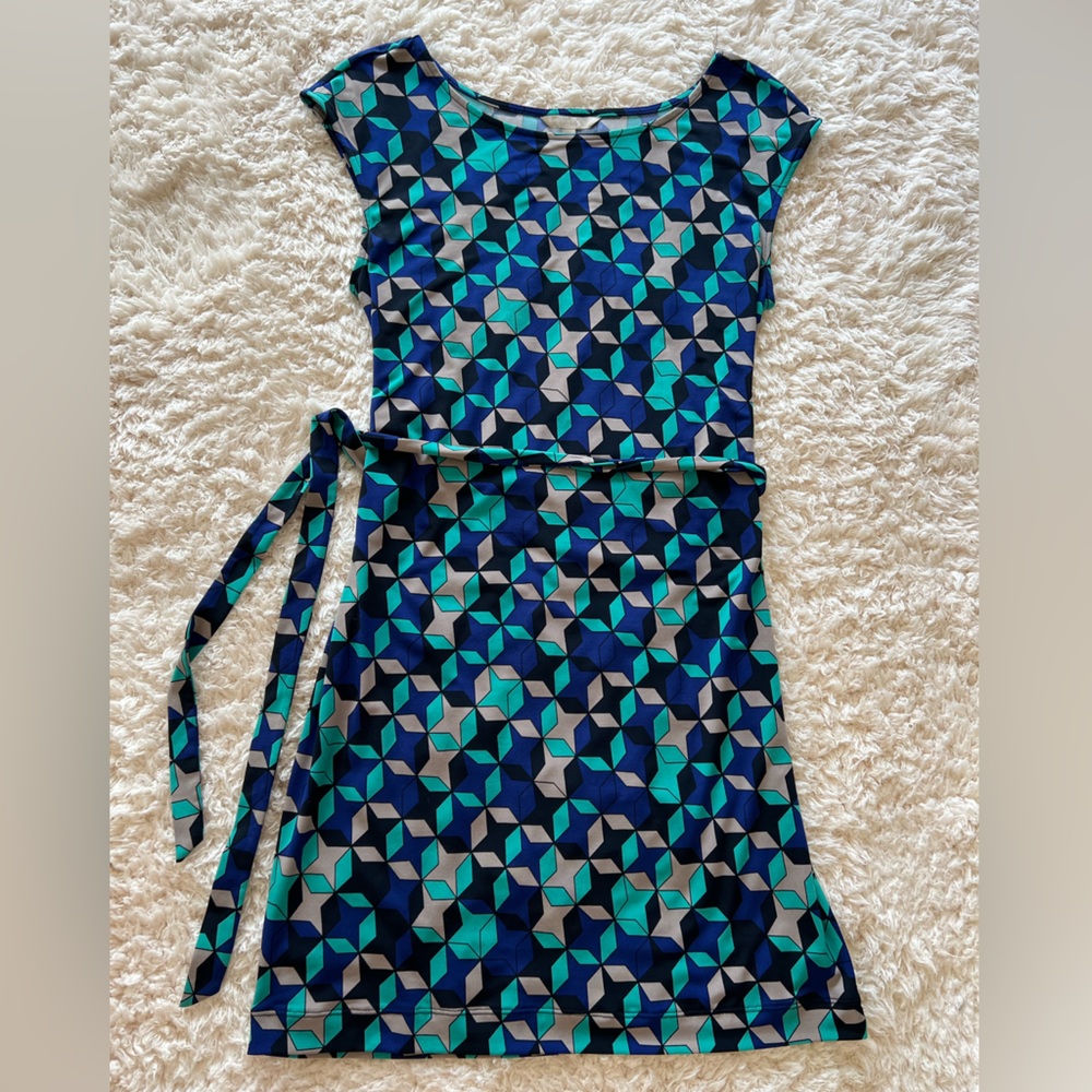 Banana Republic Sheath Dress with Waist Tie, Blue and Green Sz 2
